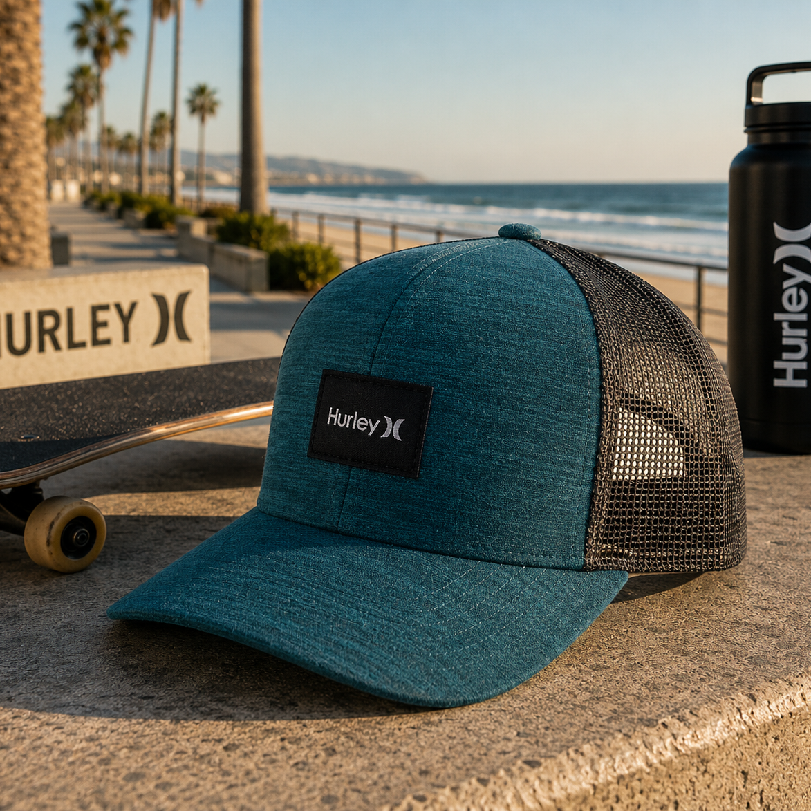 Gorra Hurley Warner Trucker Aurora Green en paseo marítimo surf skate lifestyle premium