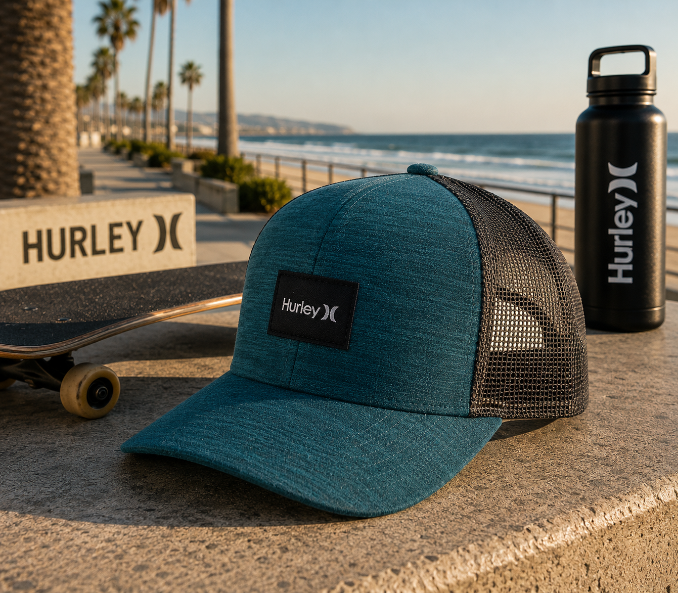 Gorra Hurley Warner Trucker Aurora Green en paseo marítimo surf skate lifestyle premium