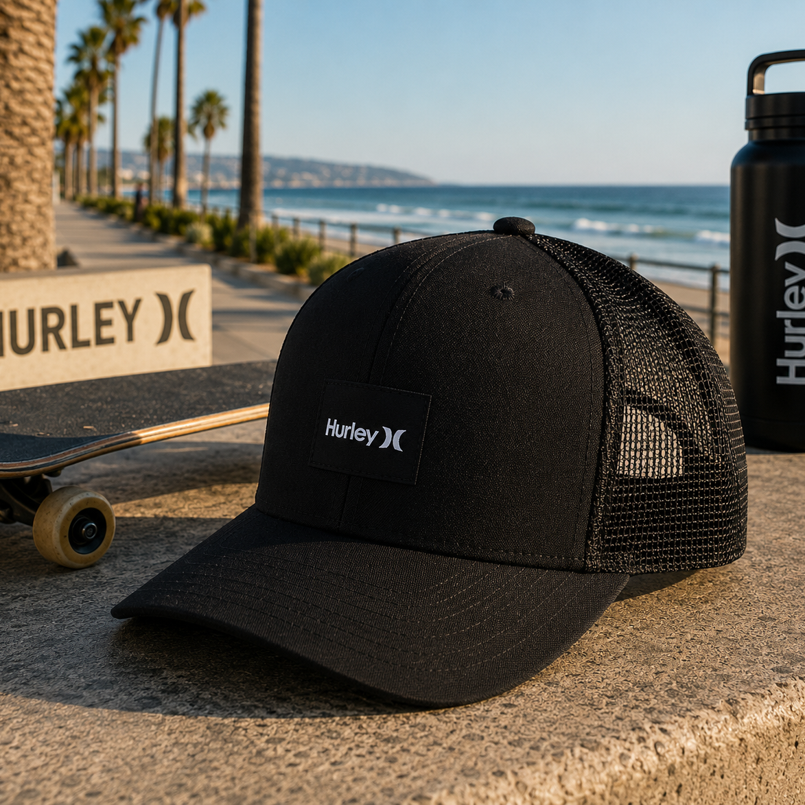 Gorra Hurley Warner Trucker Black en paseo marítimo surf skate lifestyle premium frente al mar