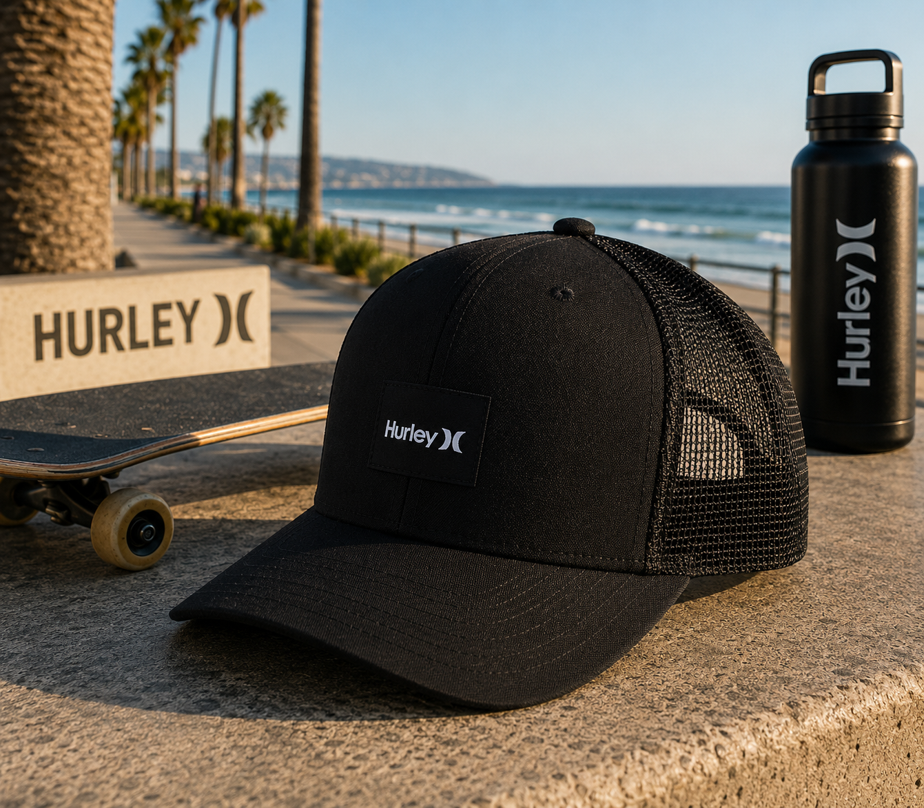 Gorra Hurley Warner Trucker Black en paseo marítimo surf skate lifestyle premium frente al mar