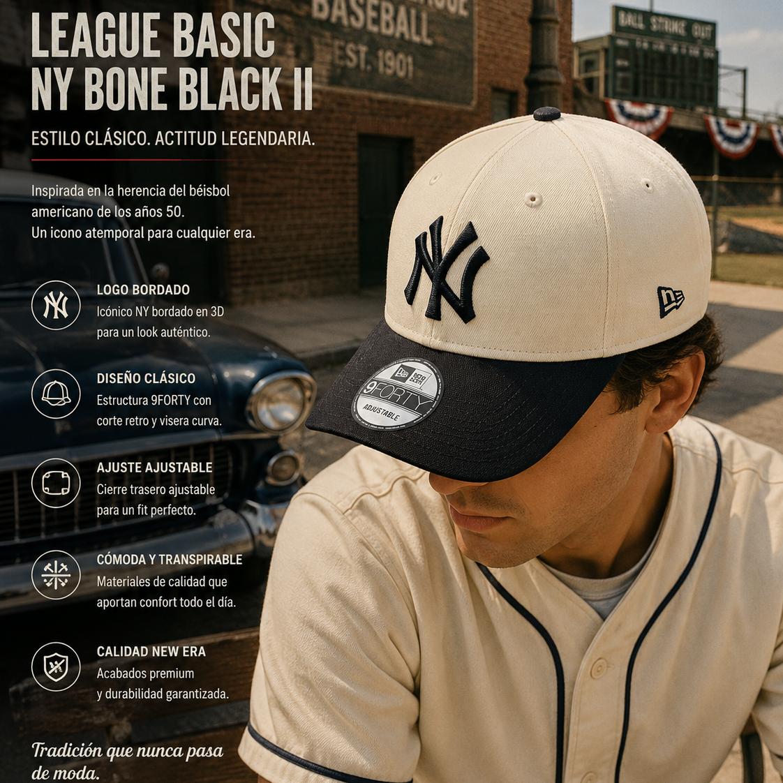 Gorra New Era League Basic NY Bone Black II estilo baseball retro americano premium