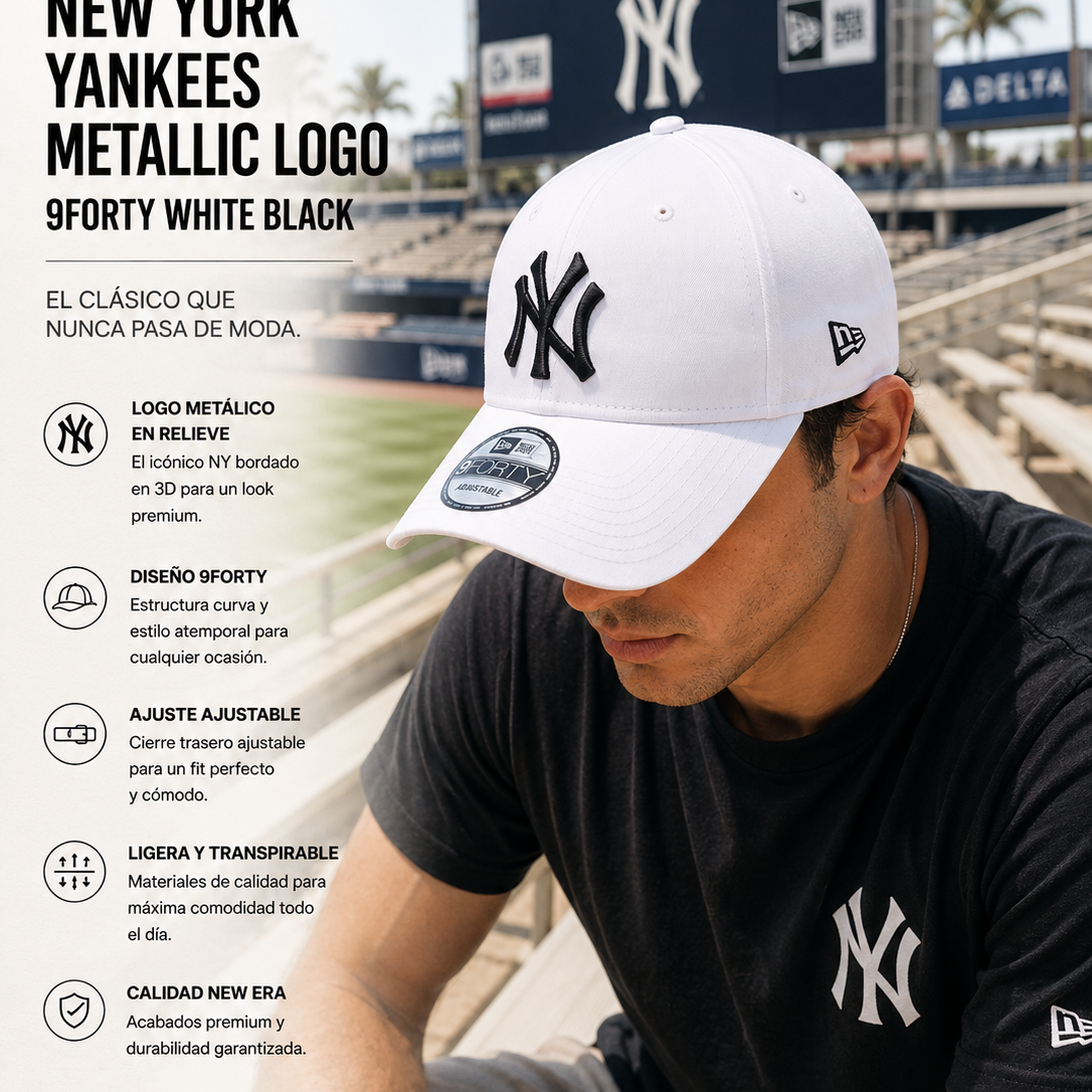 Gorra New Era New York Yankees Metallic Logo 9FORTY White Black estilo baseball streetwear premium para hombre