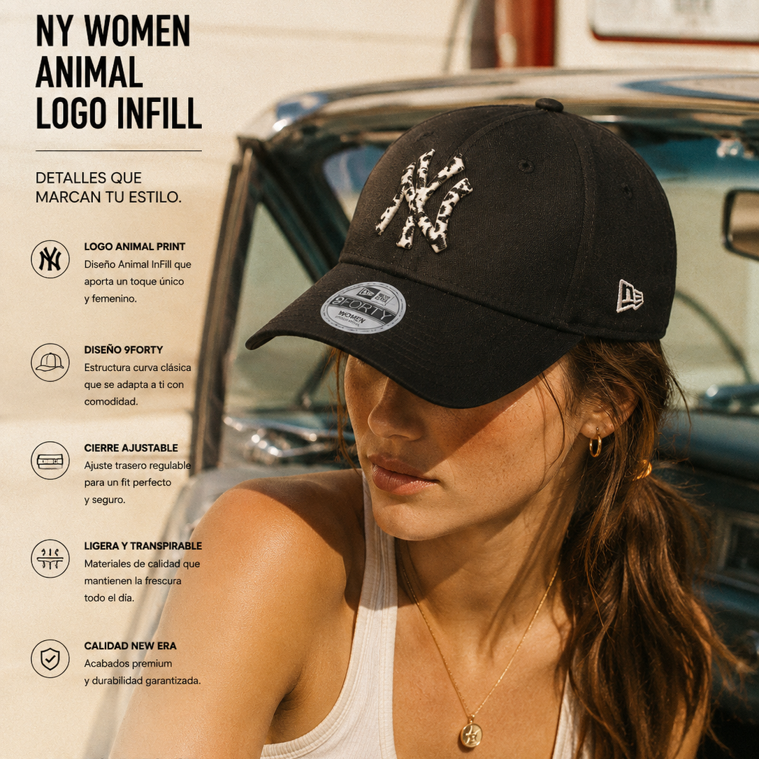 Gorra New Era NY Women Animal Logo InFill Black estilo baseball retro premium para mujer