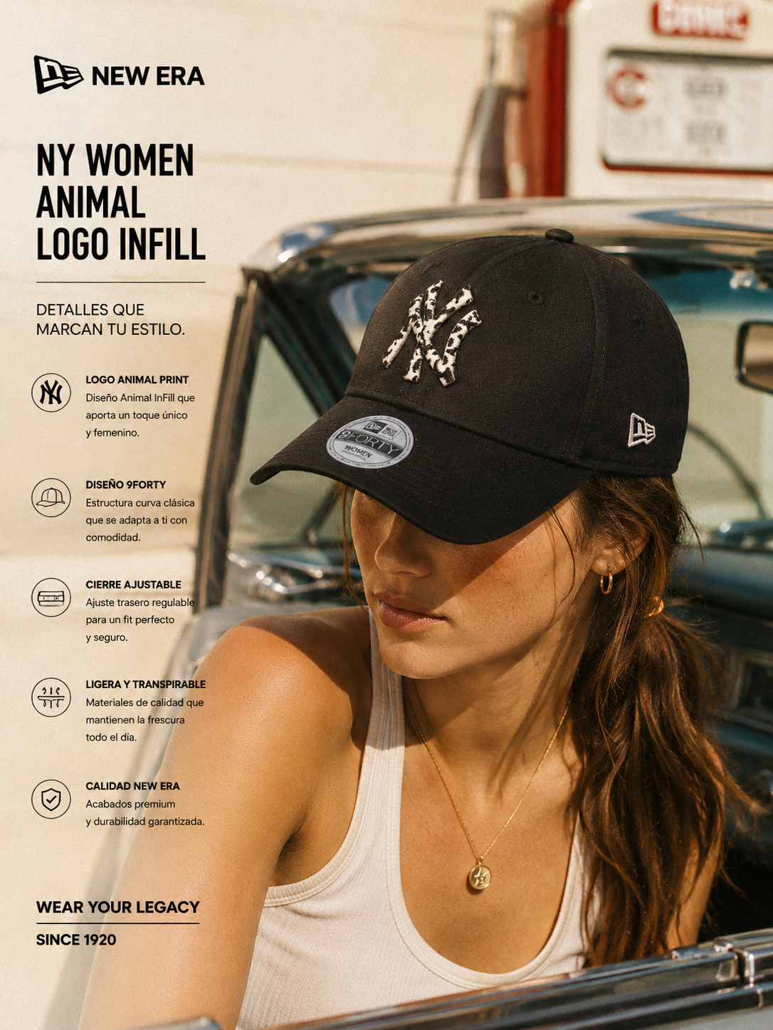 Gorra New Era NY Women Animal Logo InFill Black estilo baseball retro premium para mujer
