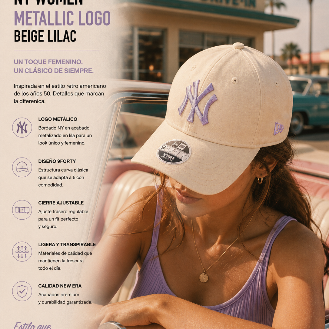 Gorra New Era NY Women Metallic Logo Beige Lilac estilo baseball retro premium para mujer