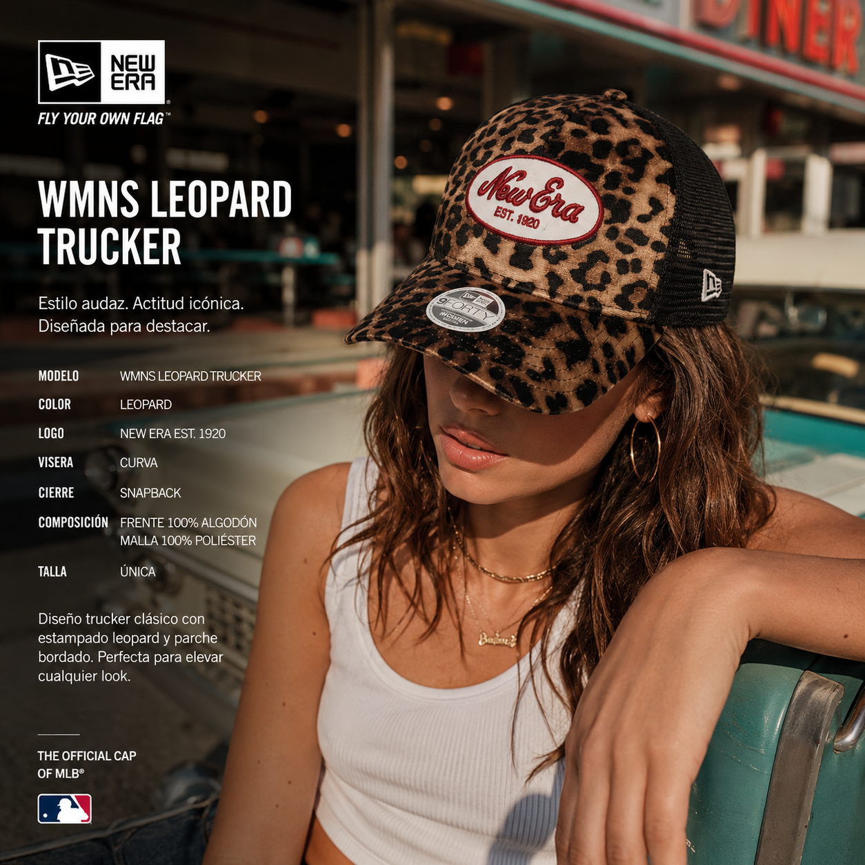Gorra New Era Wmns Leopard Trucker con estampado leopardo y malla negra en escena editorial americana estilo diner vintage