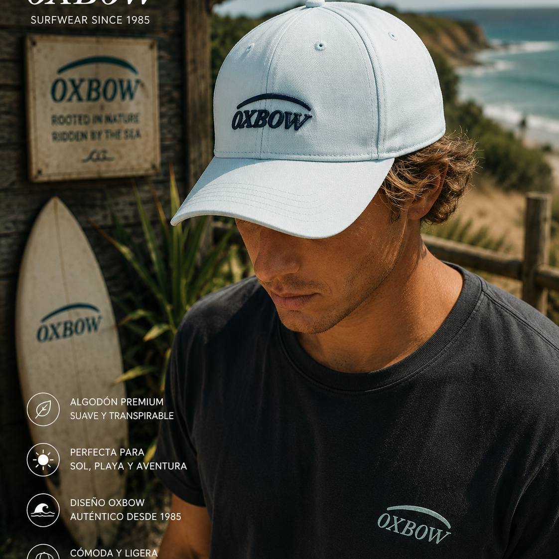 Gorra Oxbow Elini Surfspray blanca en escenario coastal premium con estética editorial surf cinematográfica