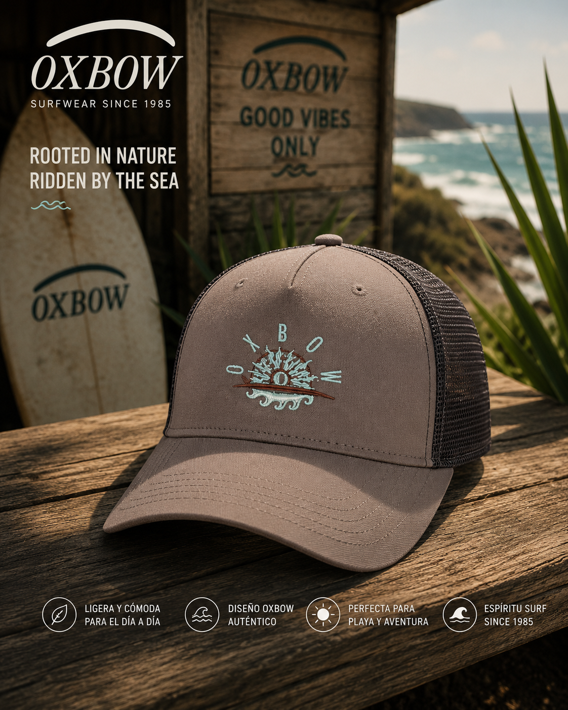 Gorra Oxbow Sandbar Driftwood Trucker marrón en escenario coastal premium con estética editorial surf cinematográfica