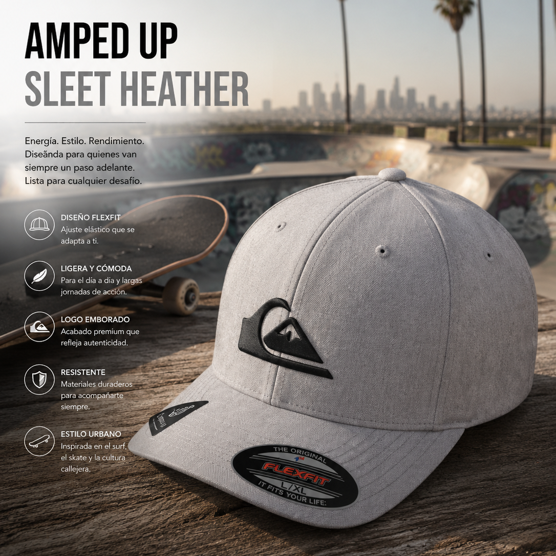 Gorra Quiksilver Amped Up Sleet Heather gris claro en escena editorial skate California lifestyle premium