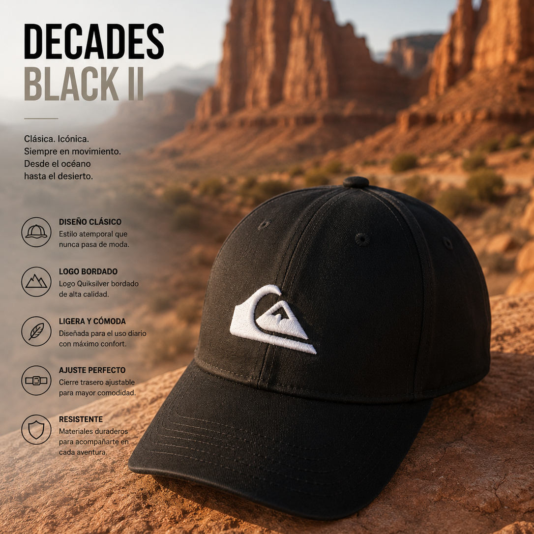 Gorra Quiksilver Decades Black II negra con logo blanco en escena editorial desierto Colorado sunset adventure