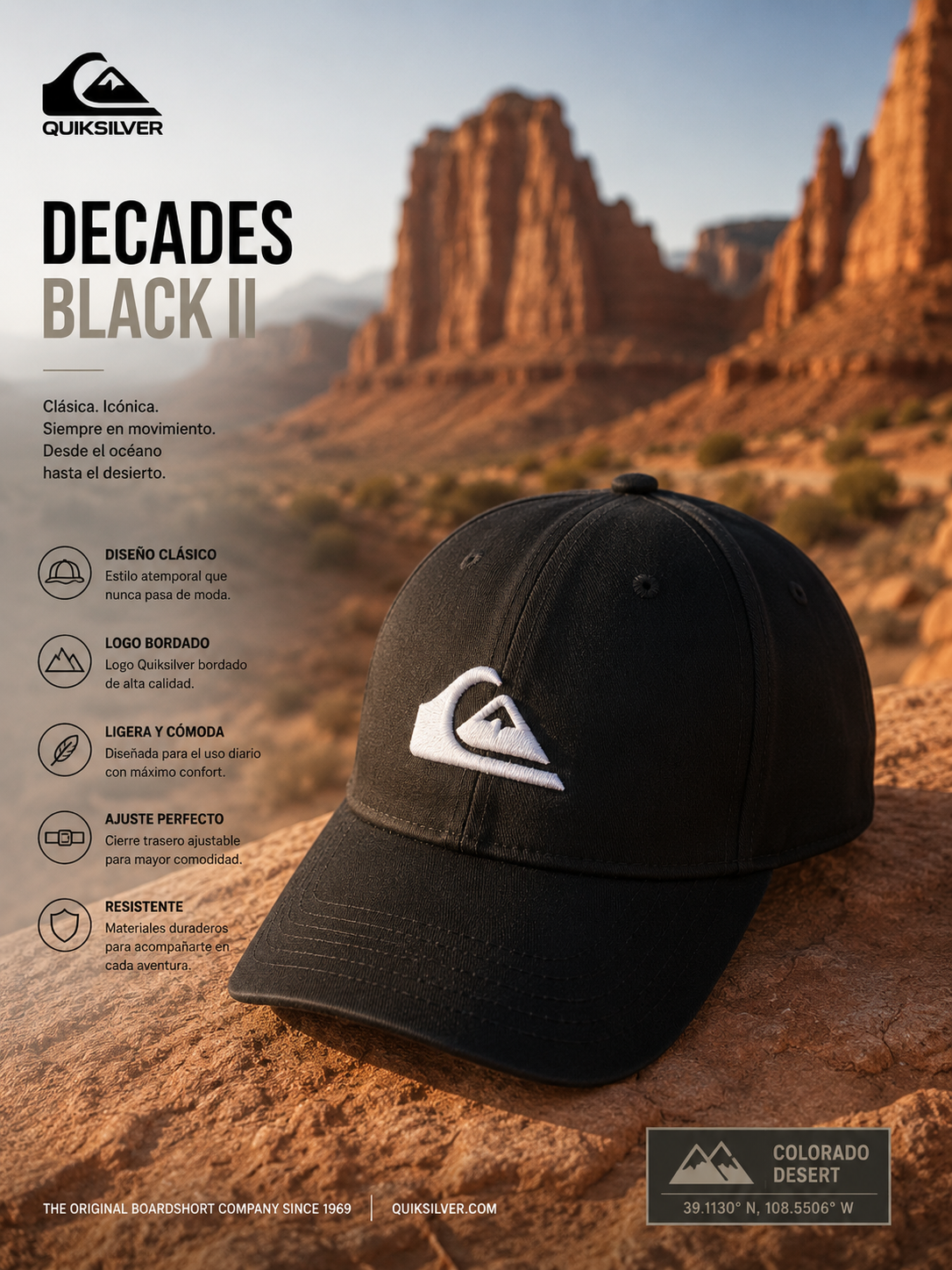 Gorra Quiksilver Decades Black II negra con logo blanco en escena editorial desierto Colorado sunset adventure