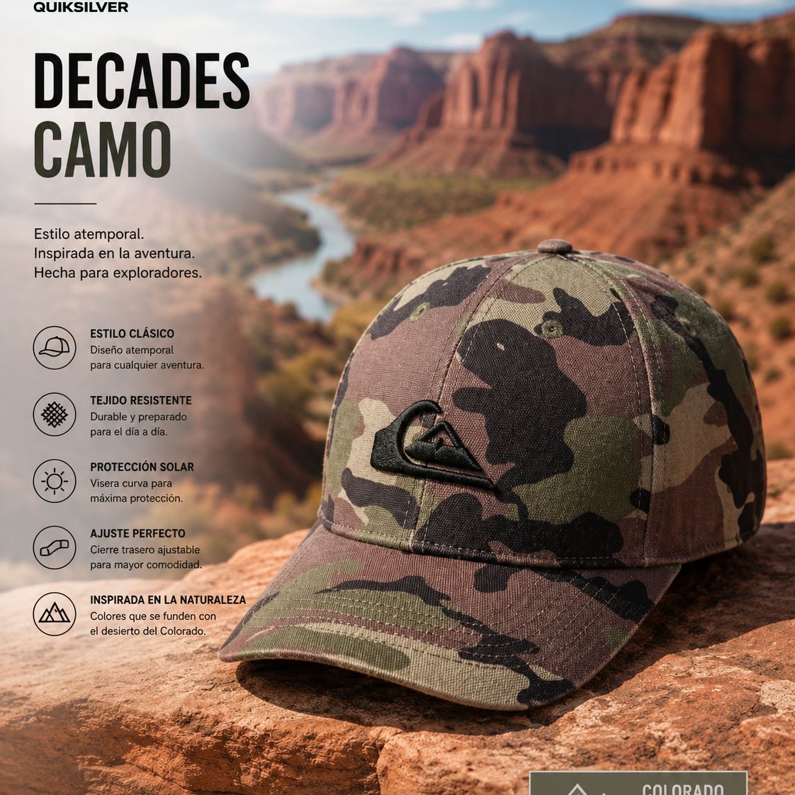 Gorra Quiksilver Decades Camo con estampado militar en escena editorial desierto Colorado adventure lifestyle