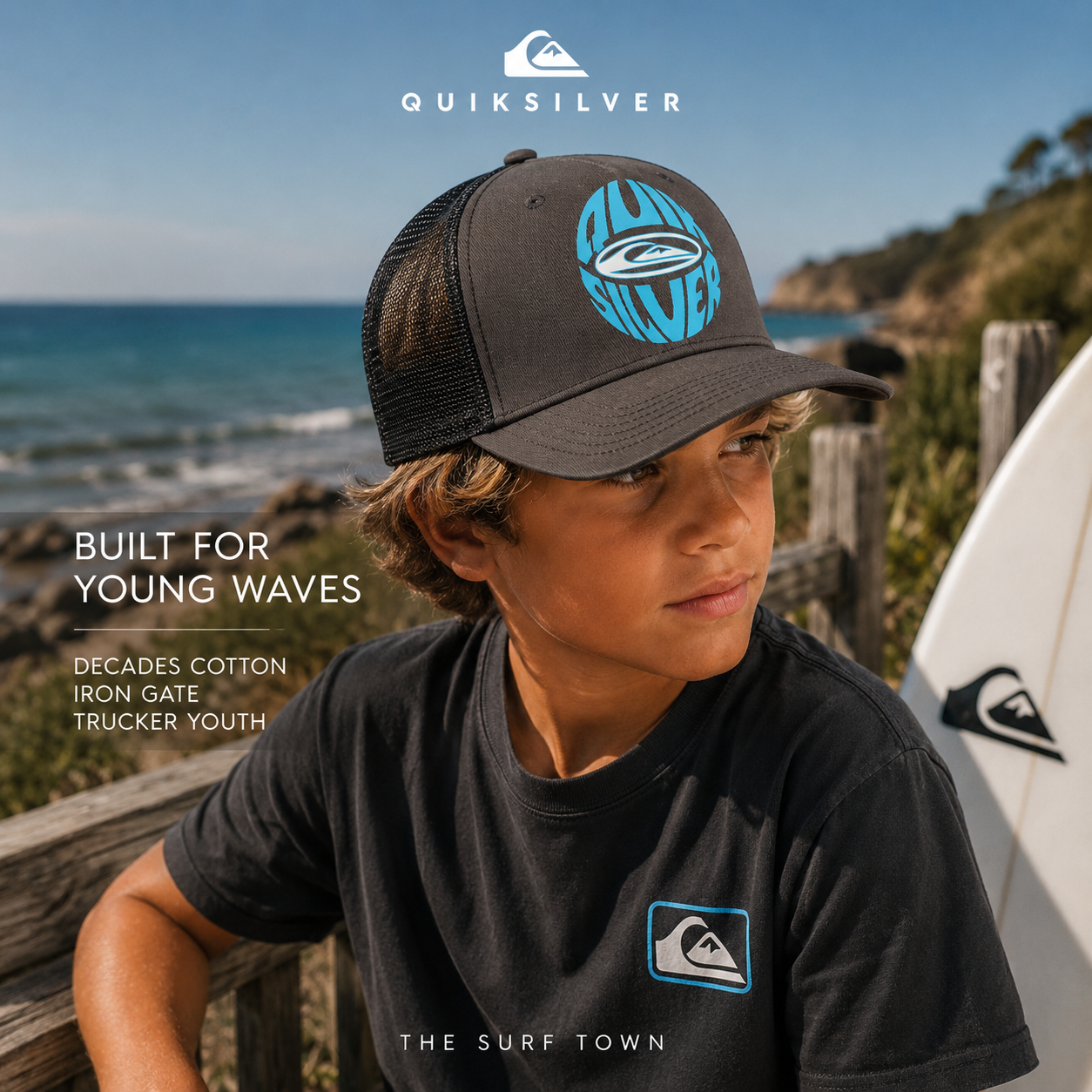 Gorra Quiksilver Decades Cotton Iron Gate Trucker Youth para niño en entorno costero surf, fotografía editorial propia de THE SURF TOWN inspirada en el surf lifestyle juvenil y los días de playa