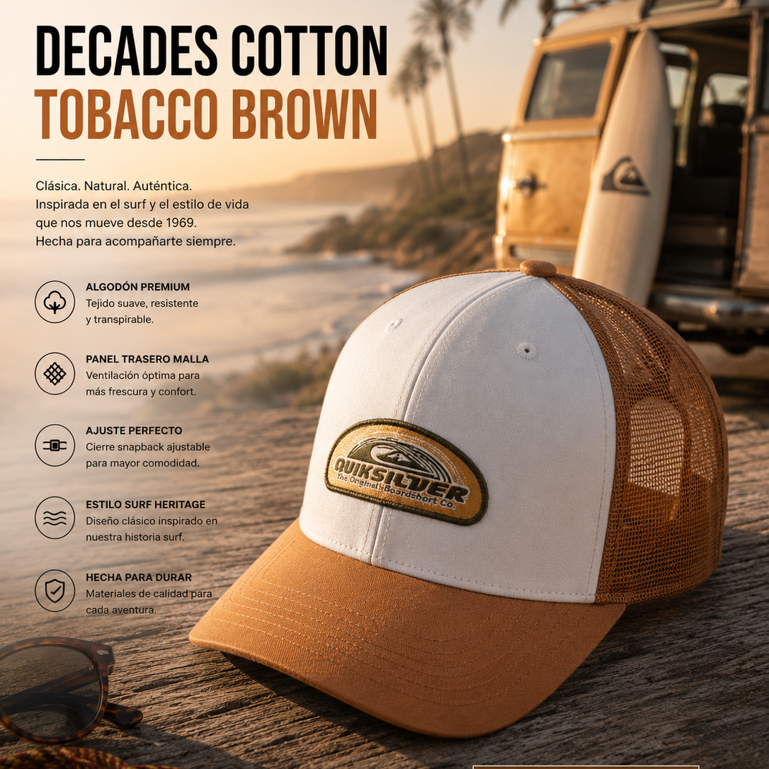 Gorra Quiksilver Decades Cotton Tobacco Brown trucker marrón y blanca en escena editorial surf heritage coastal premium