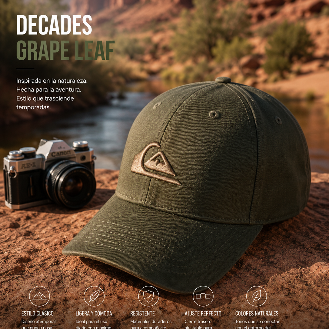 Gorra Quiksilver Decades Grape Leaf verde oliva en escena editorial aventura desierto Colorado con estética outdoor premium