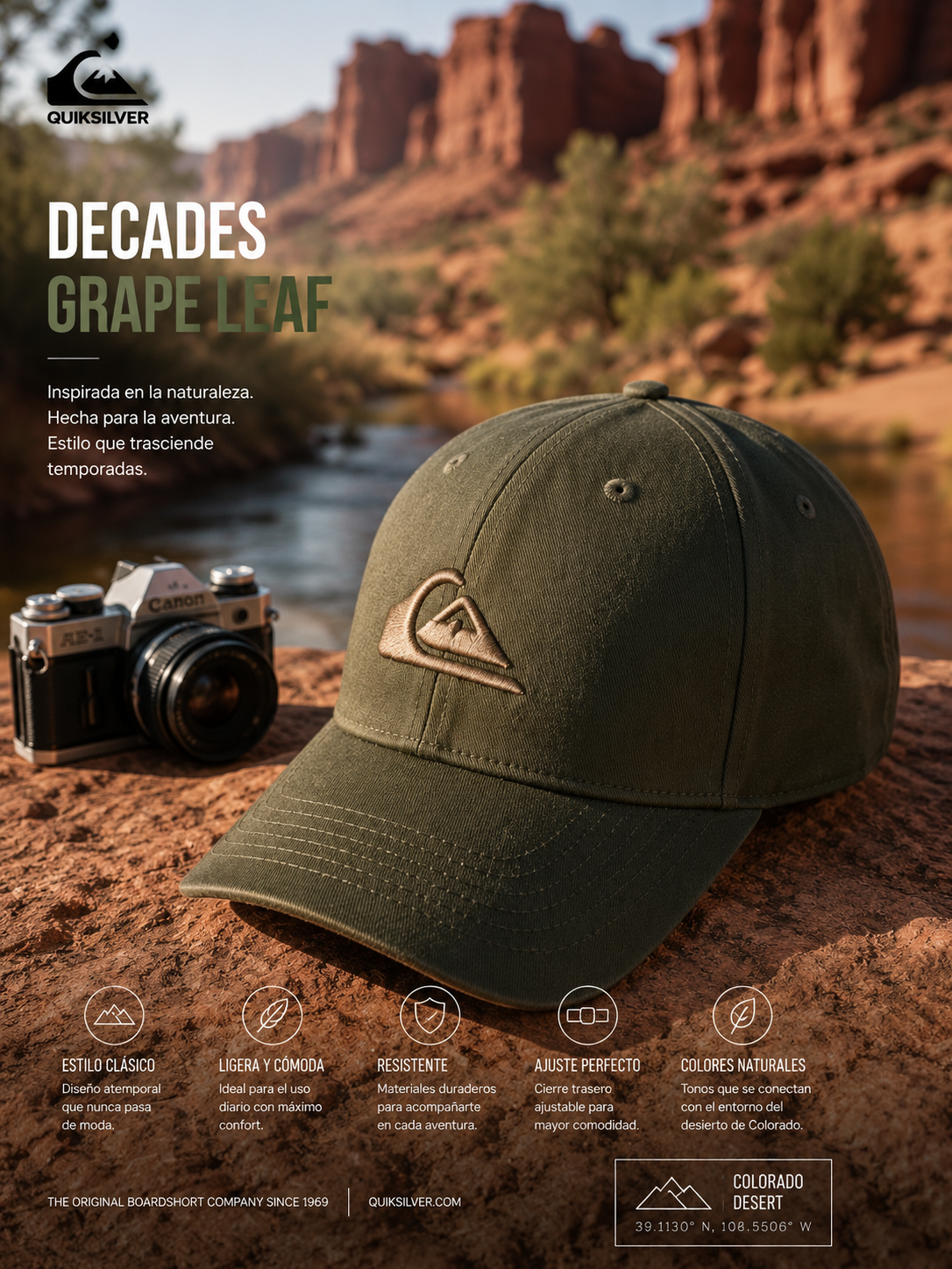 Gorra Quiksilver Decades Grape Leaf verde oliva en escena editorial aventura desierto Colorado con estética outdoor premium