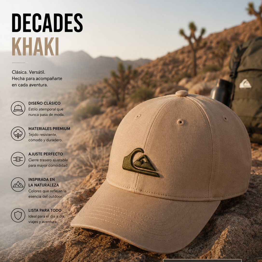 Gorra Quiksilver Decades Khaki beige arena en escena editorial outdoor desierto aventura premium