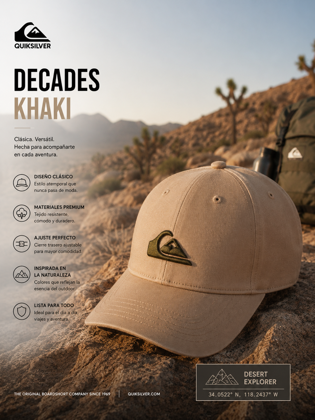 Gorra Quiksilver Decades Khaki beige arena en escena editorial outdoor desierto aventura premium