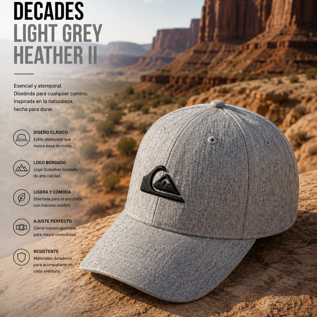 Gorra Quiksilver Decades Light Grey Heather II gris claro en escena editorial desierto Colorado premium outdoor