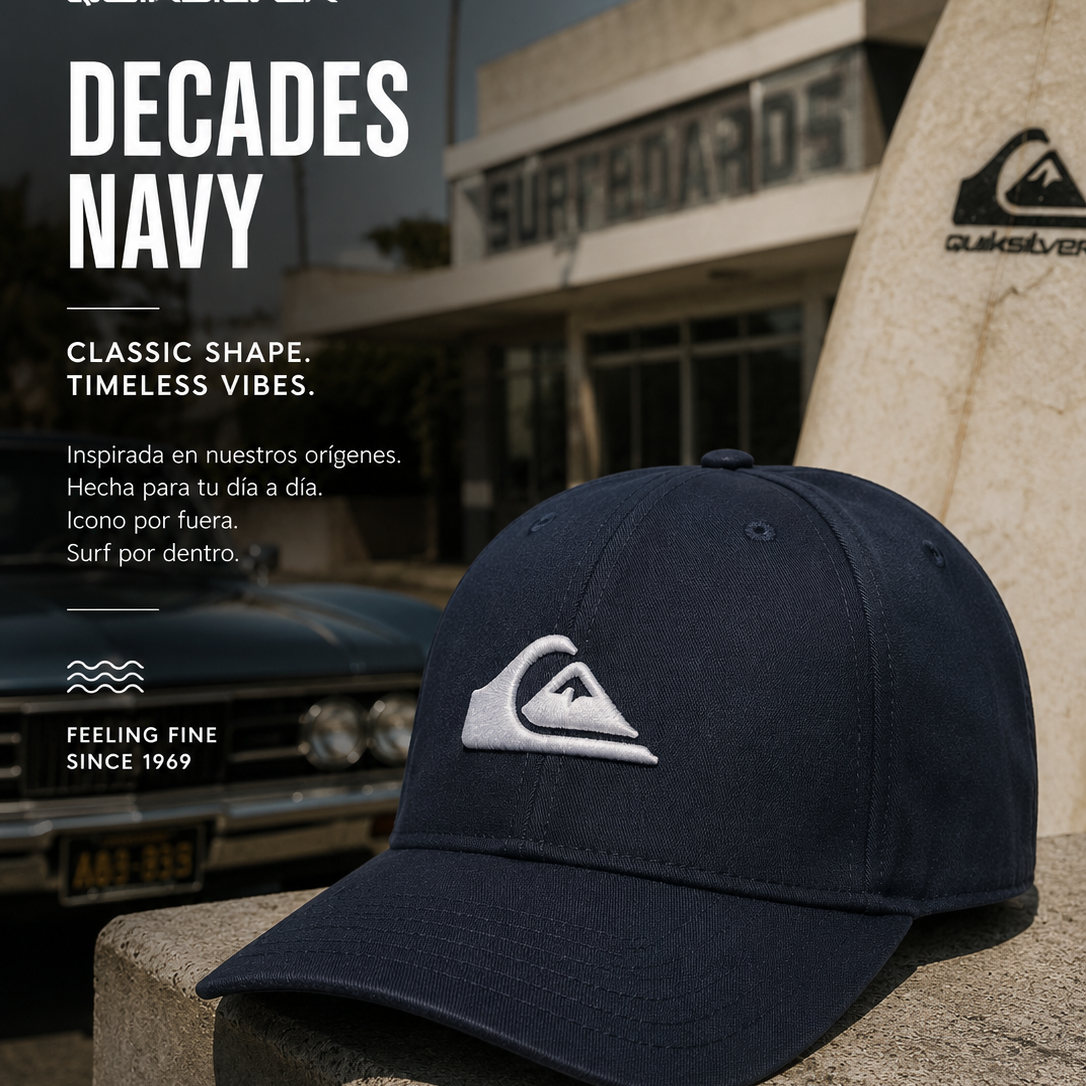 Gorra Quiksilver Decades Navy editorial surf lifestyle premium