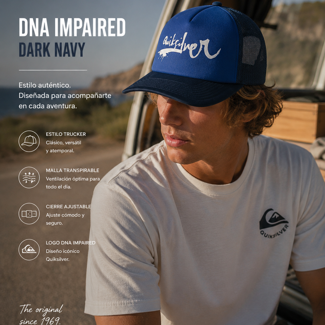 Gorra Quiksilver DNA Impaired Dark Navy estilo surf lifestyle premium para hombre