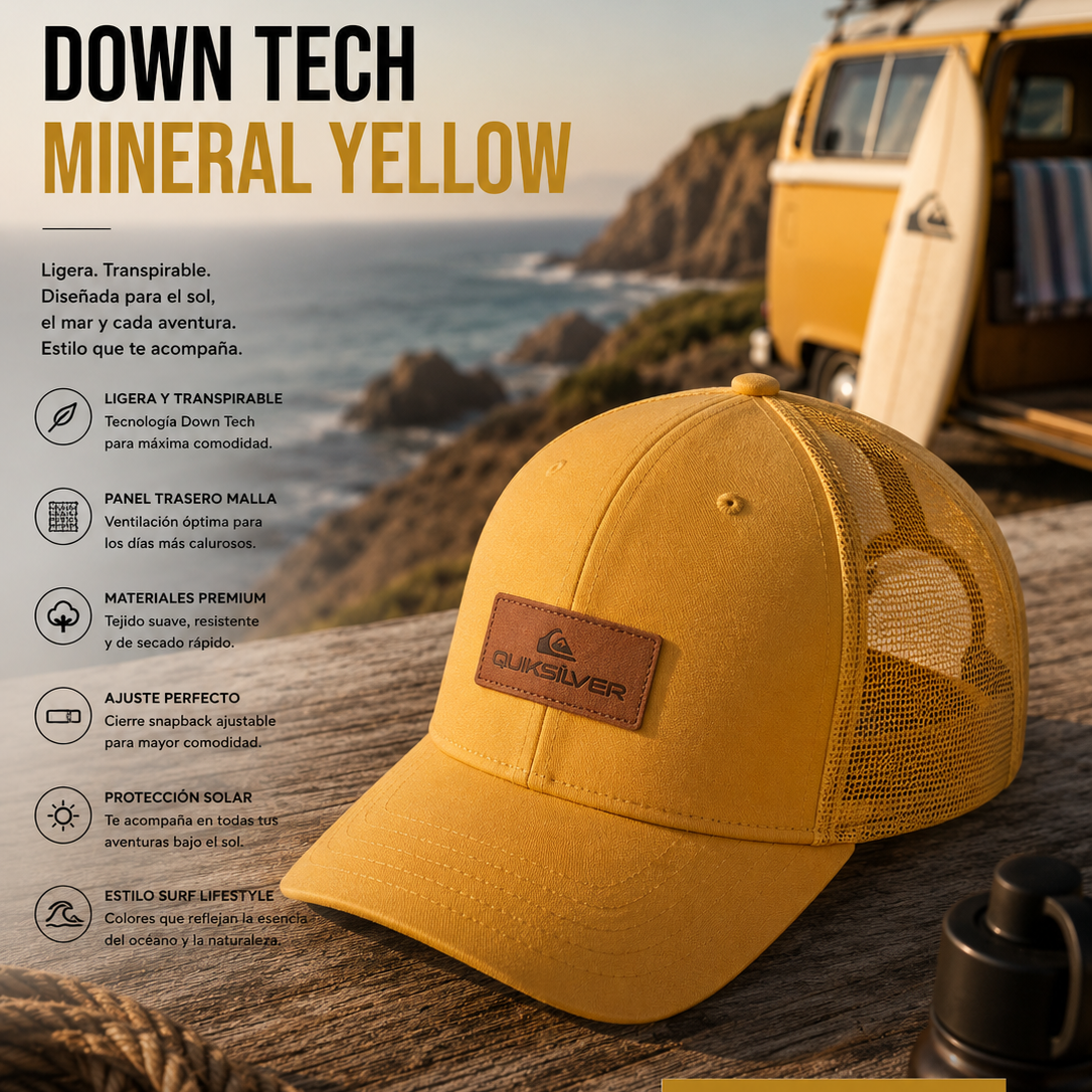 Gorra Quiksilver Down Tech Mineral Yellow amarilla trucker en escena editorial coastal adventure surf lifestyle