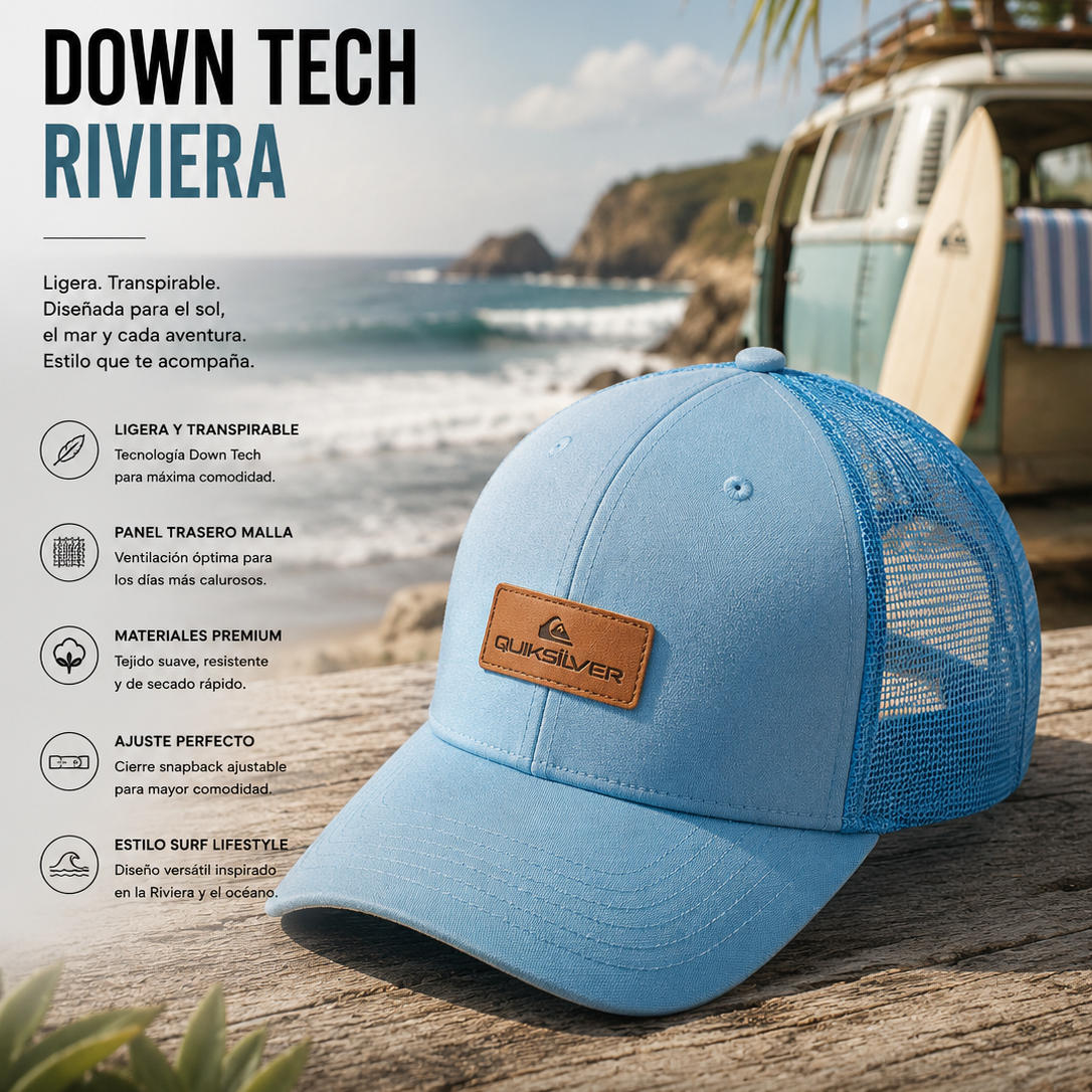 Gorra Quiksilver Down Tech Riviera azul claro trucker en escena editorial surf coast lifestyle premium