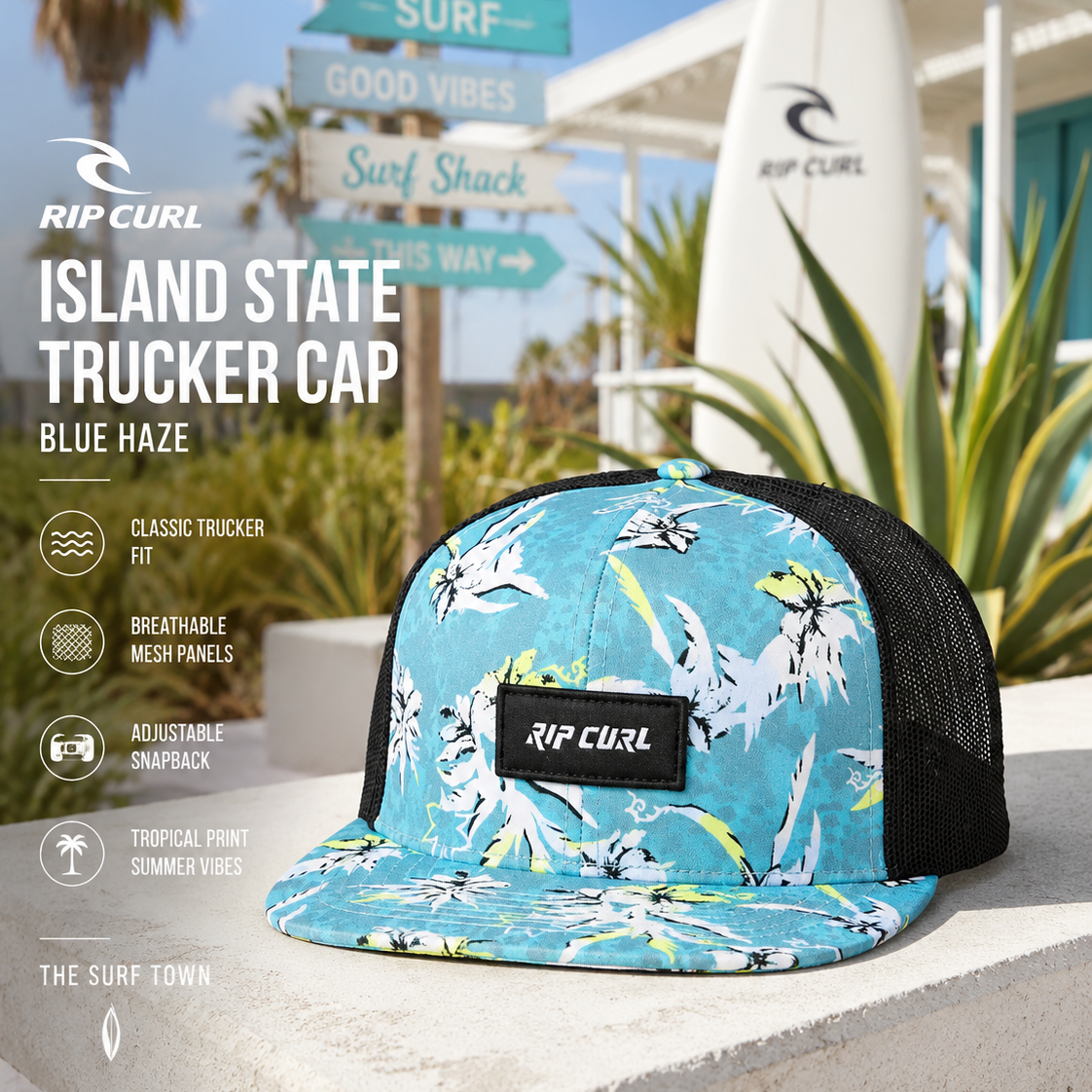 Gorra Rip Curl Combo Trucker Blue Lagoon en beach house tropical luminosa con estética surf lifestyle veraniega