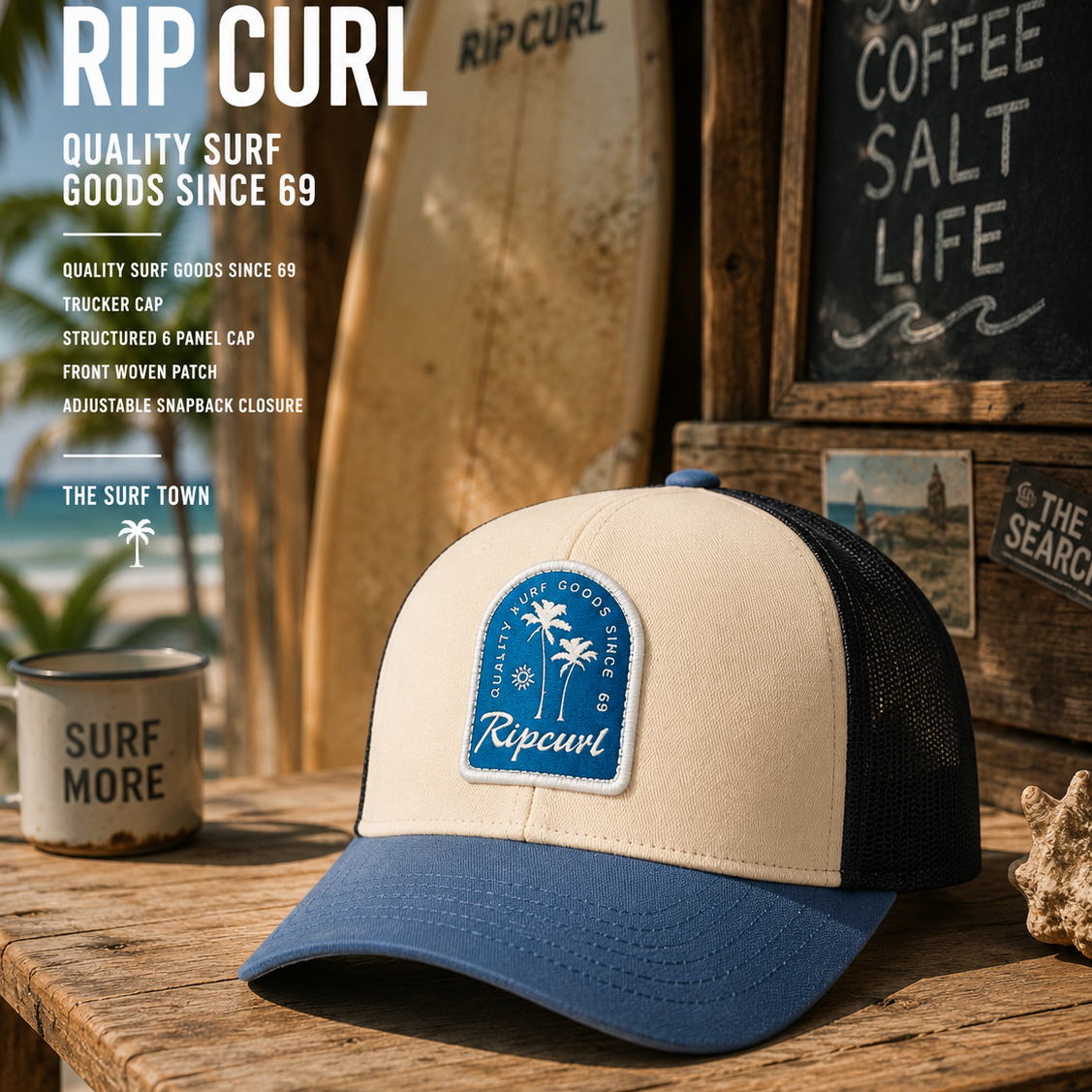 Gorra Rip Curl Custom Curve Trucker Light Blue en surf shack tropical premium con estética surf lifestyle y tablas de surf vintage