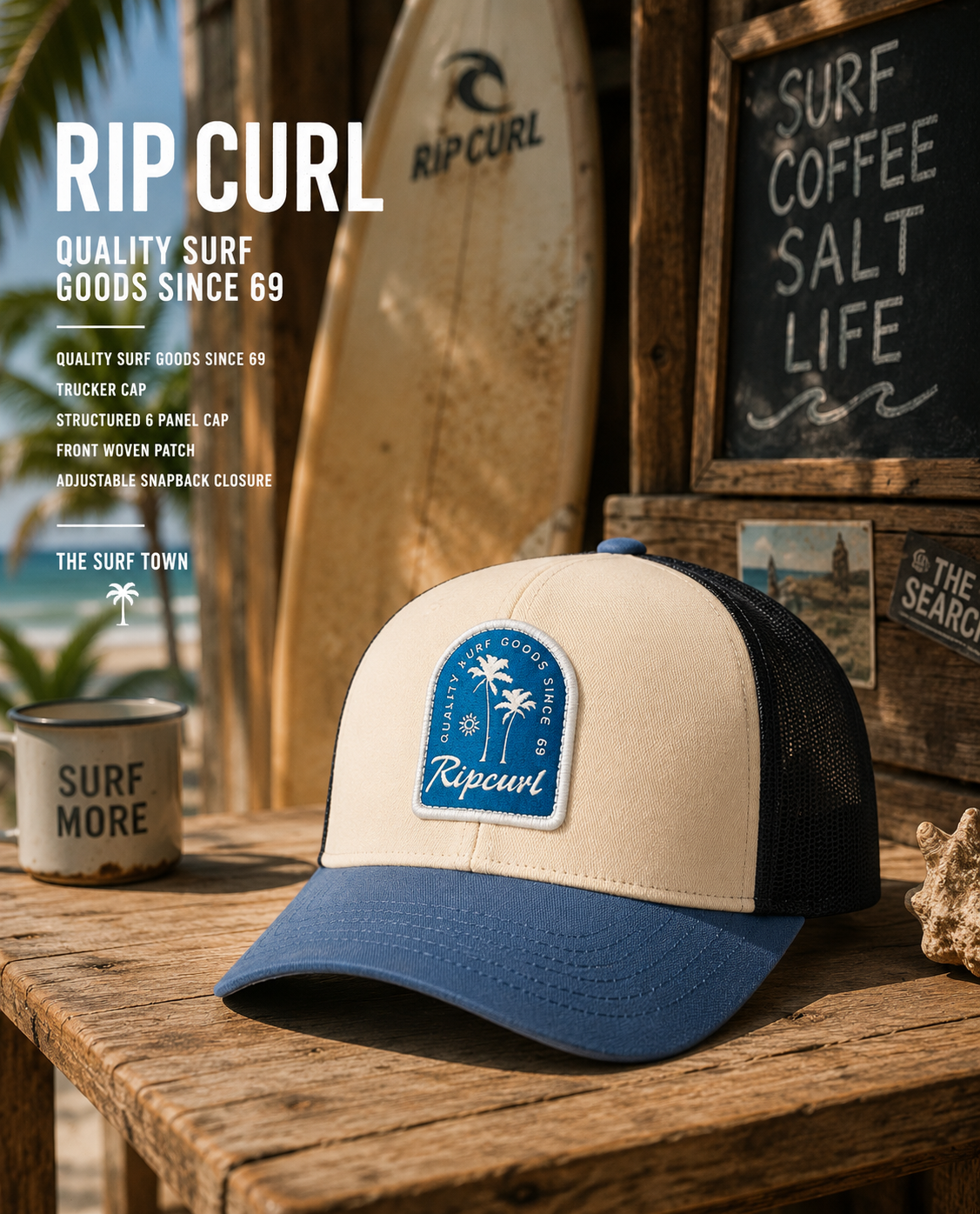 Gorra Rip Curl Custom Curve Trucker Light Blue en surf shack tropical premium con estética surf lifestyle y tablas de surf vintage