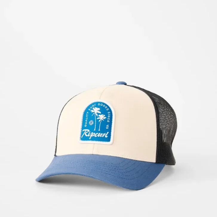 Gorra RIP CURL Custom Curve Trucker Light Blue con parche frontal surf y rejilla trasera negra