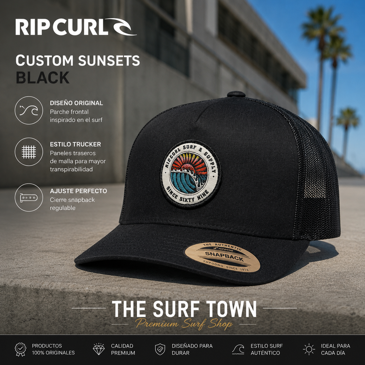 Gorra Rip Curl Custom Sunsets Black negra estilo trucker con parche surf - imagen editorial propia de THE SURF TOWN