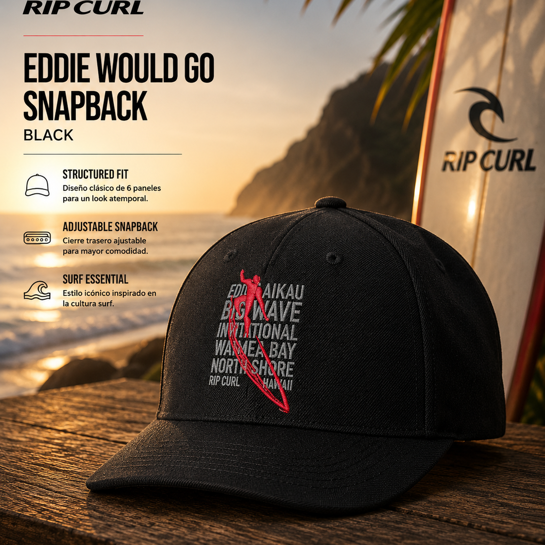 Gorra Rip Curl Eddie Would Go Snapback Black en escenario surf premium junto al mar con estética editorial coastal lifestyle