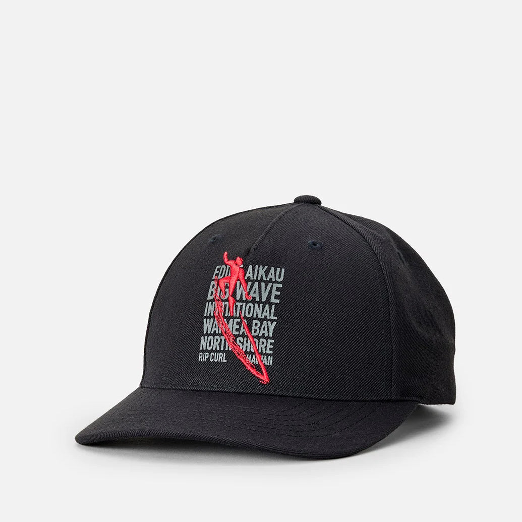 Gorra RIP CURL Eddie Would Go Snapback Black negra con gráfico surf inspirado en Eddie Aikau