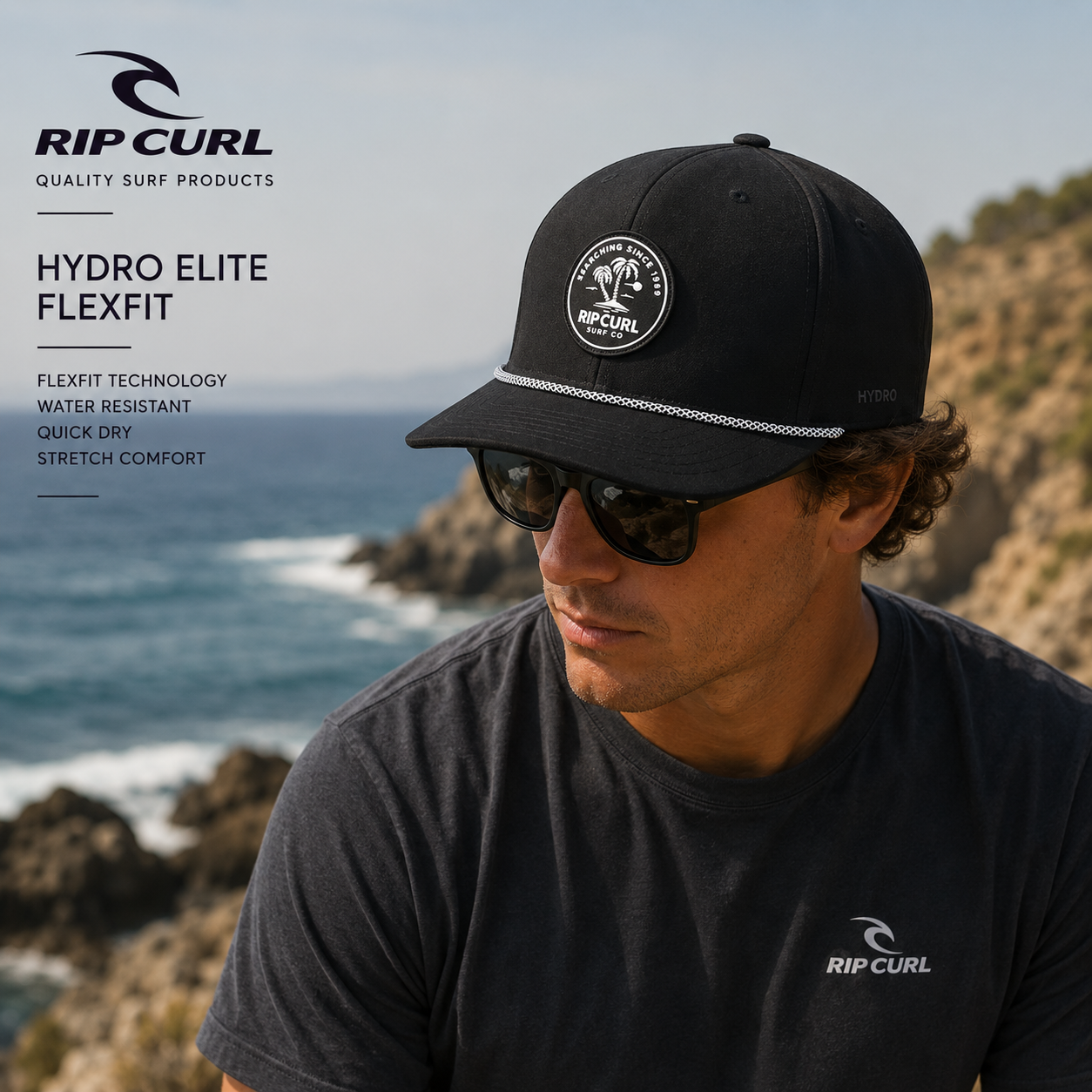 Gorra Rip Curl Hydro Elite Flexfit Black en escenario coastal premium con estilo surf y tecnología Flexfit
SEO Merchant