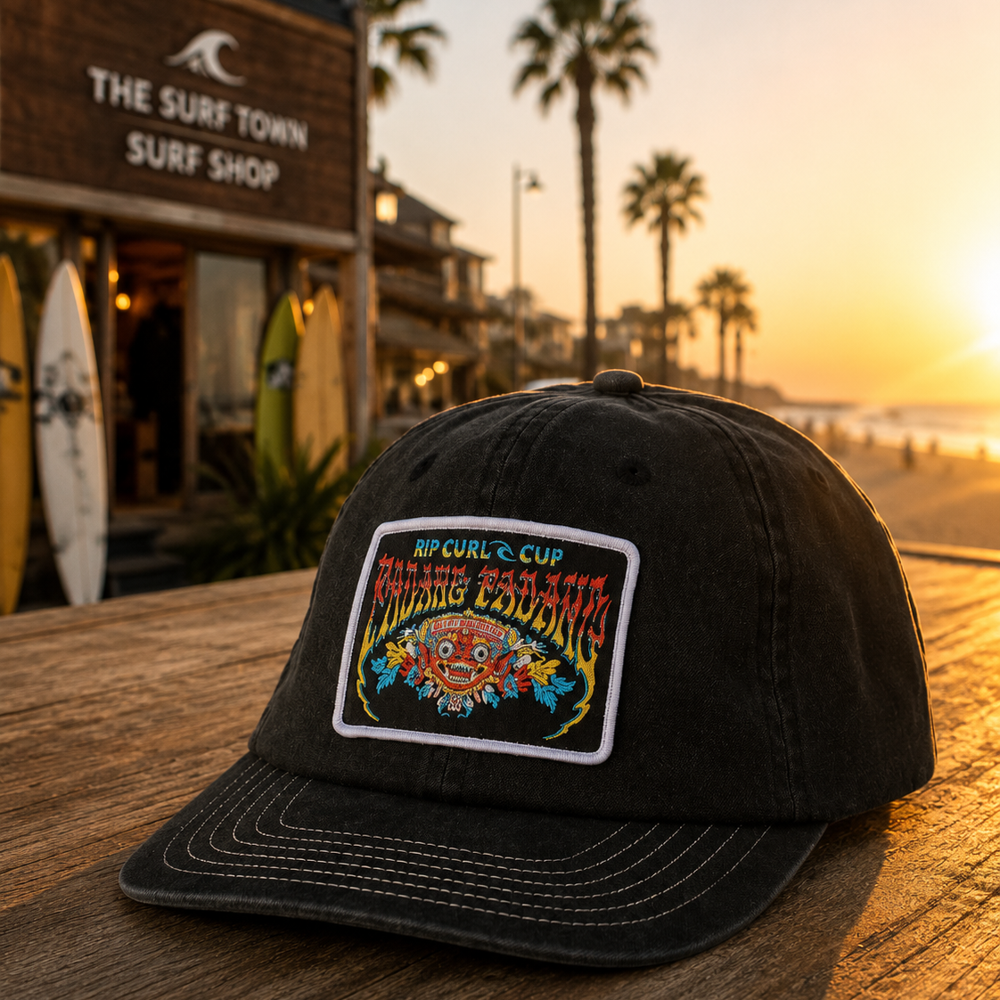 Gorra negra Rip Curl Padang Padang lifestyle surf premium sobre mesa de madera frente al mar al atardecer