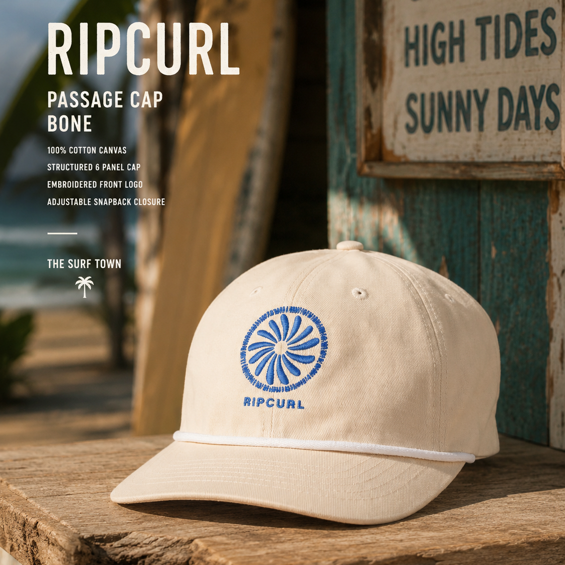 Gorra Rip Curl Passage Cap Vintage White en escenario surf shack premium tropical con estética lifestyle surf y madera envejecida