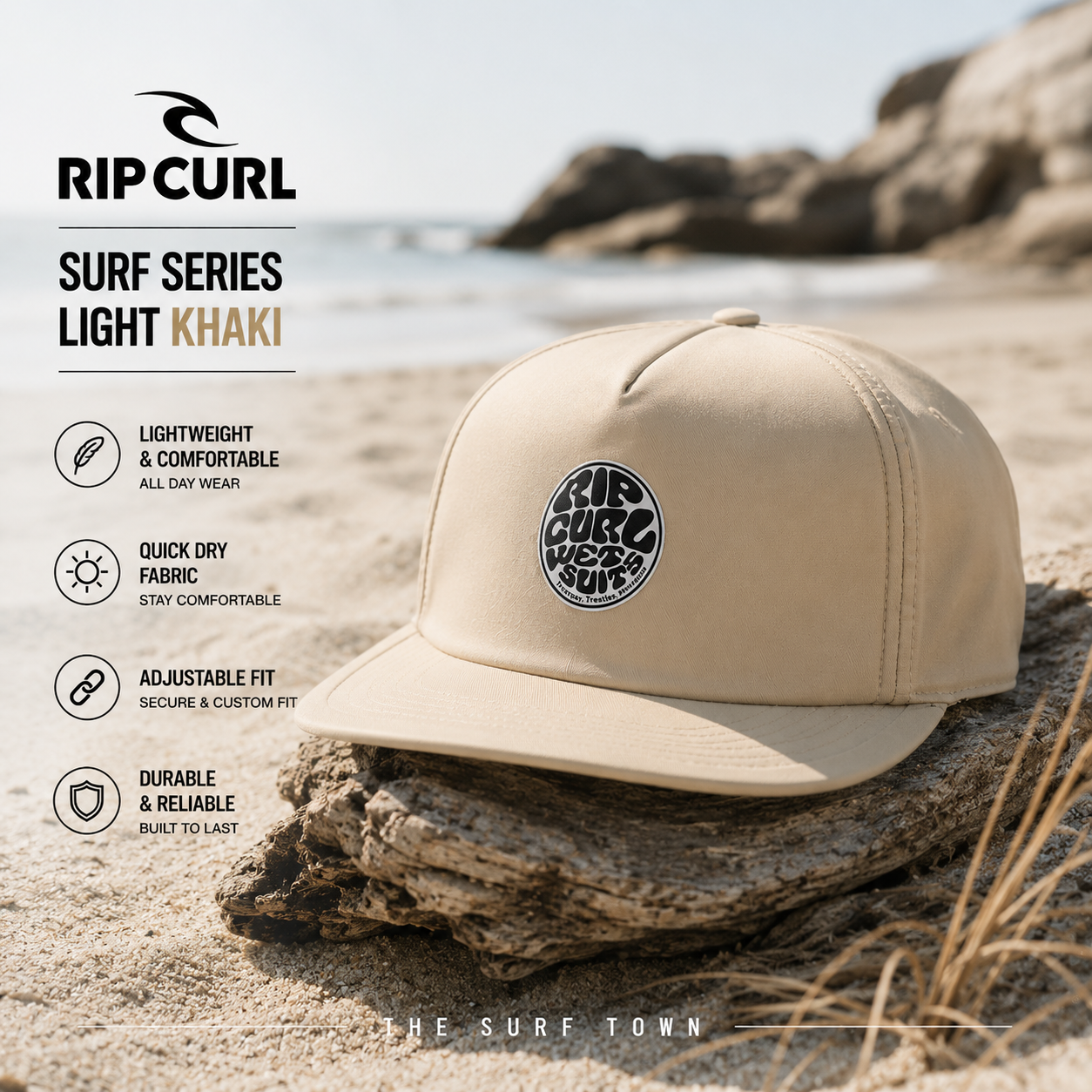 Gorra Rip Curl Surf Series Light Khaki en fotografía editorial propia de THE SURF TOWN con surfero esperando una ola en el pico, protección solar para nuca y cuello, diseño técnico surf UPF y estilo outdoor para largas sesiones en el agua.