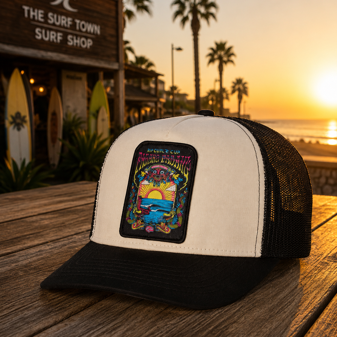 Gorra trucker Rip Curl Padang Padang blanca y negra lifestyle surf premium sobre mesa frente al mar al atardecer