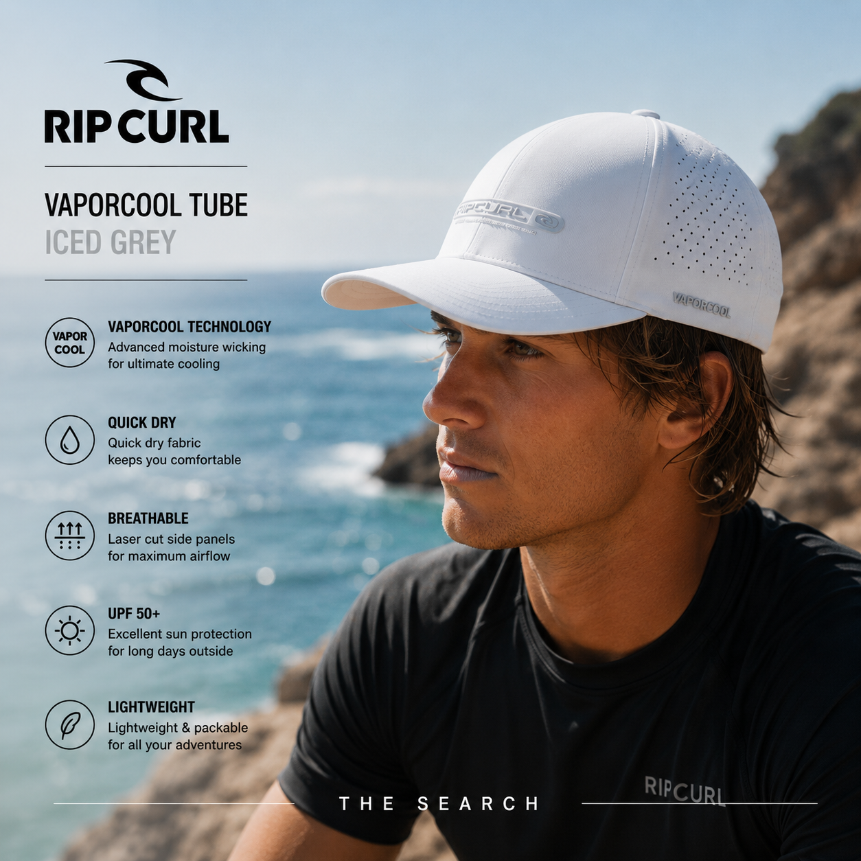 Gorra Rip Curl Vaporcool Tube Iced Grey en fotografía editorial propia de THE SURF TOWN con surfero frente al mar, tecnología VaporCool, tejido transpirable de secado rápido, protección solar UPF y estilo surf técnico para verano.