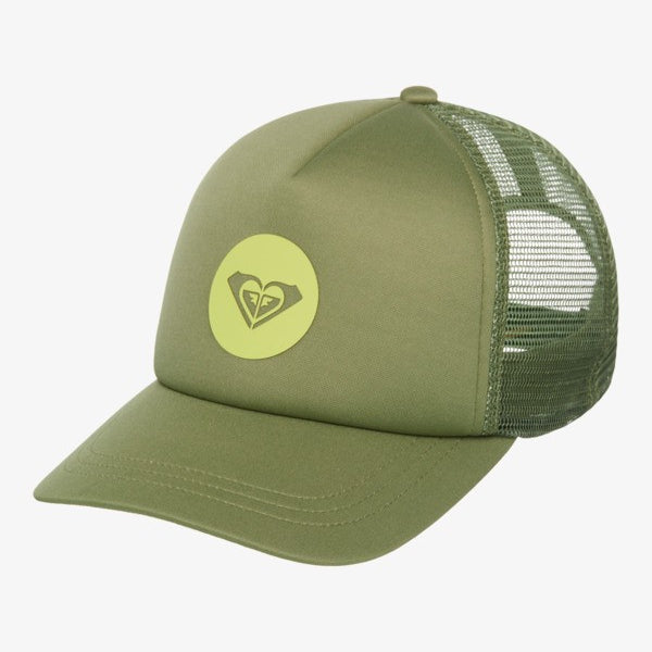 Gorra Roxy Brighter Day Oil Green verde estilo trucker con rejilla trasera y logo frontal