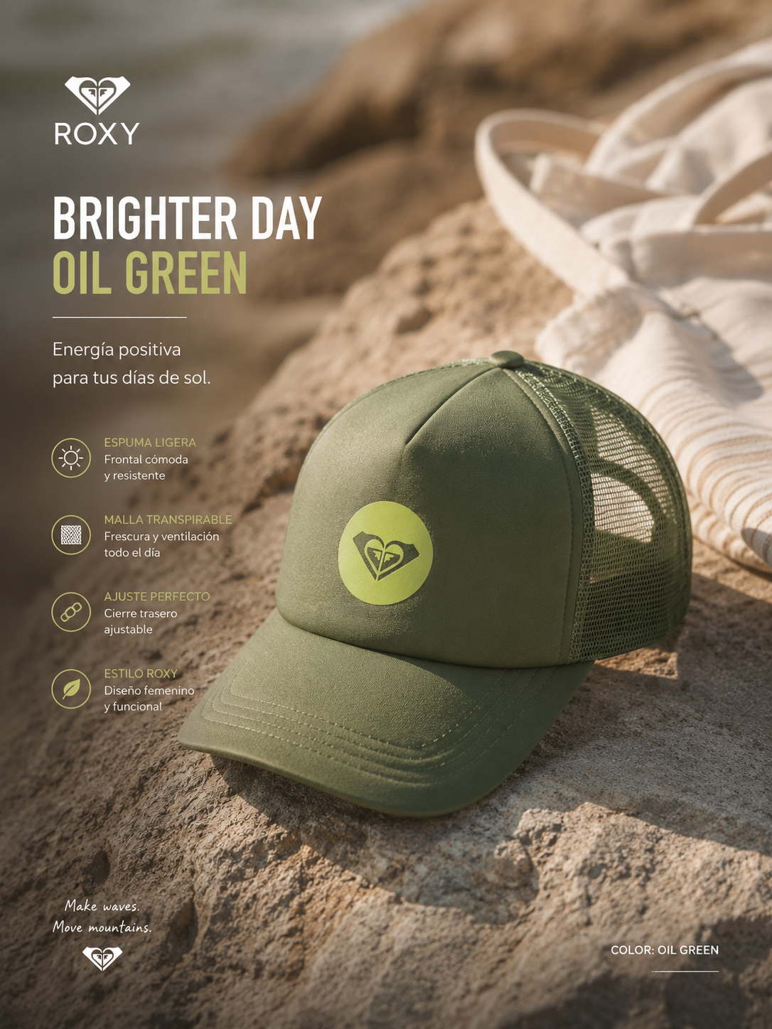 Gorra Roxy Brighter Day Oil Green estilo beach lifestyle premium para mujer