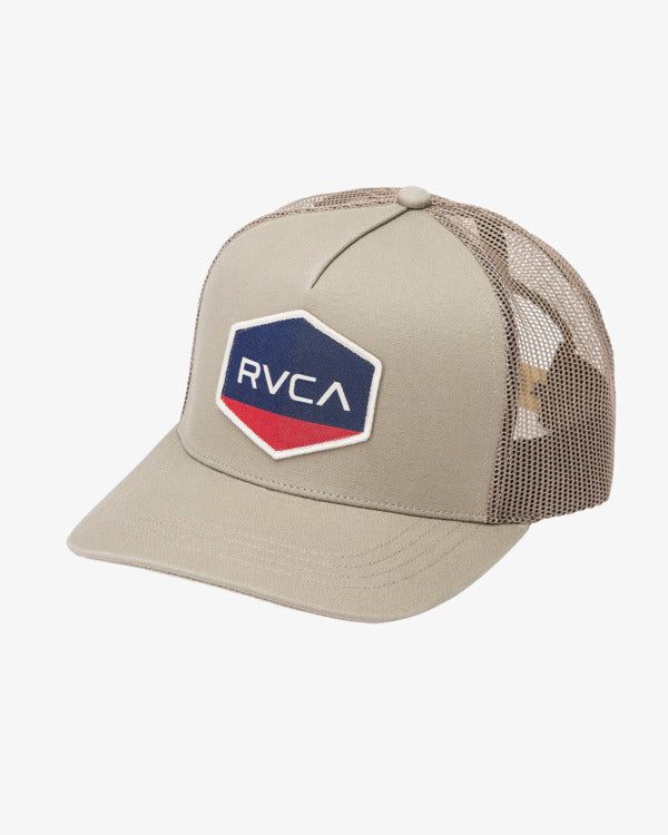 Gorra RVCA Commonwealth Mushroom camel trucker con visera curva y cierre snapback ajustable