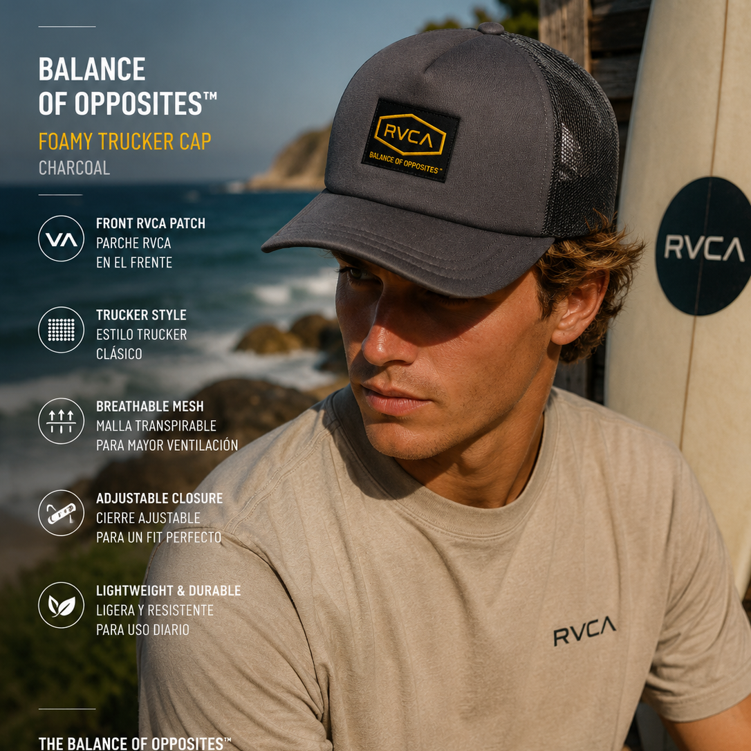 Gorra RVCA Dayshift Foamy Garage Blue para hombre en escena surf lifestyle premium junto al mar