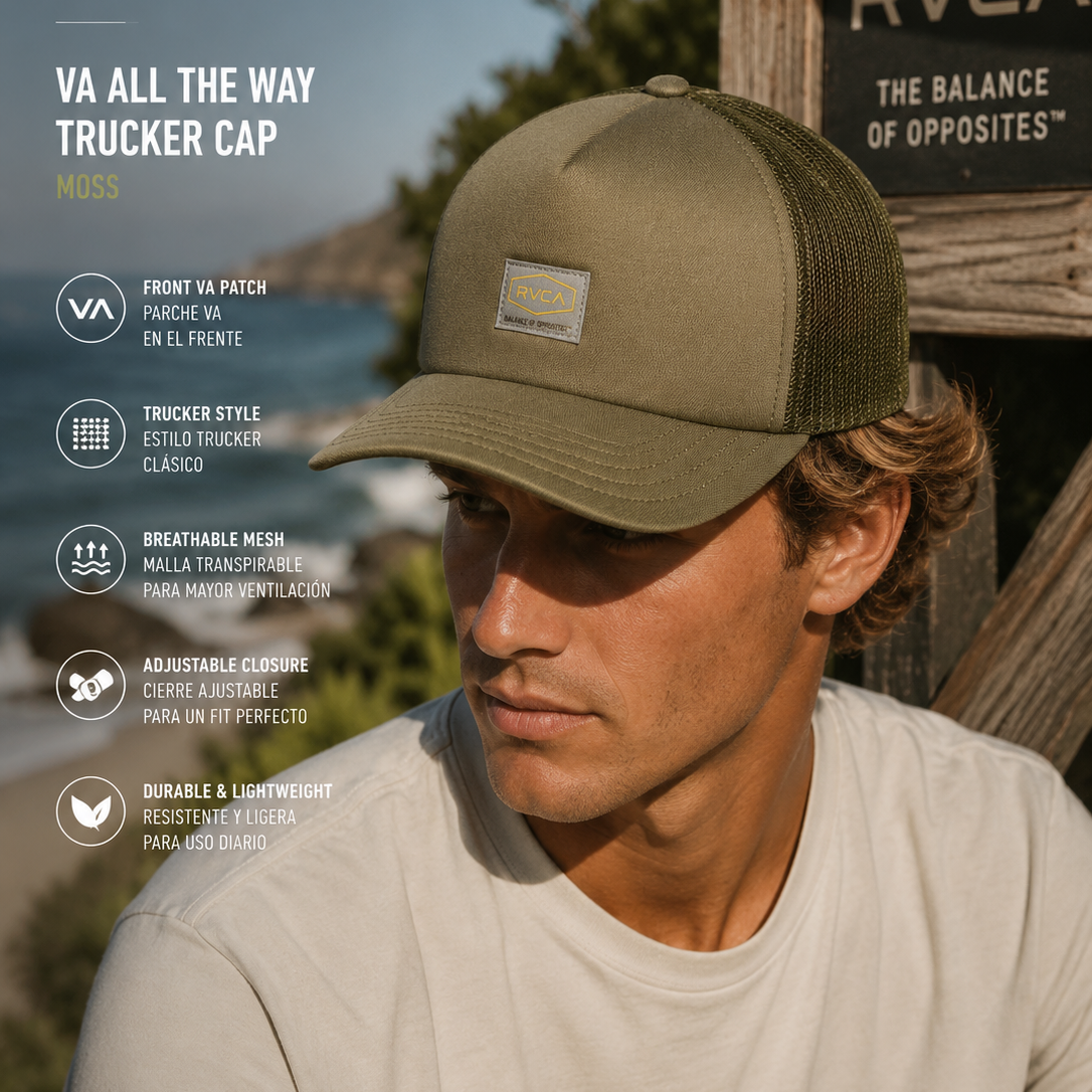 Gorra RVCA Dayshift Foamy Olive trucker verde en escena surf lifestyle premium junto al mar