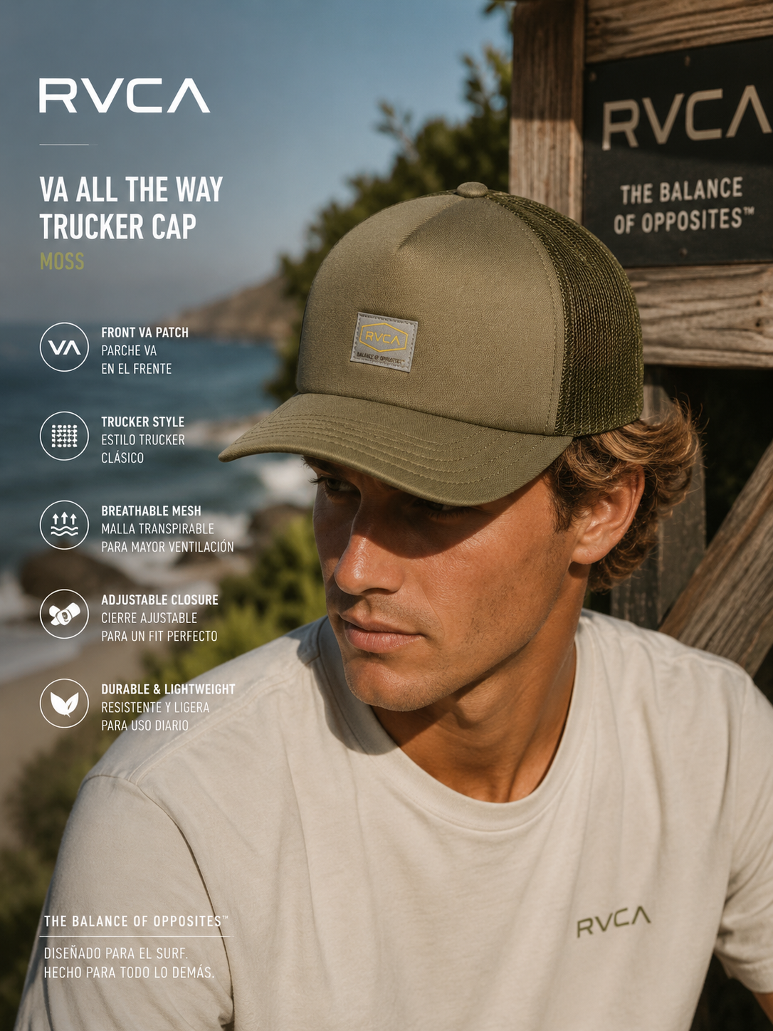 Gorra RVCA Dayshift Foamy Olive trucker verde en escena surf lifestyle premium junto al mar