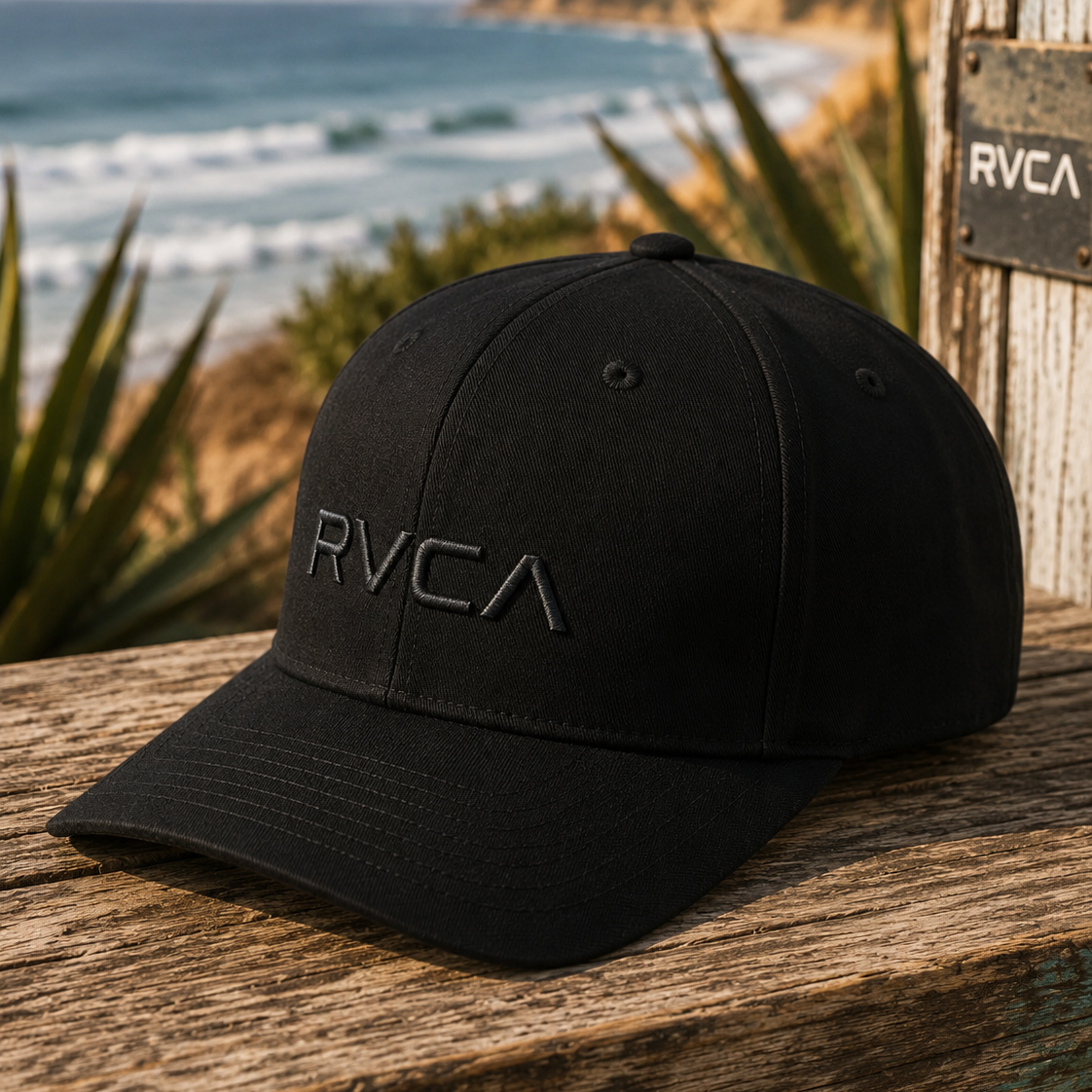 Gorra RVCA Flex Fit negra para hombre en escena coastal junto al mar