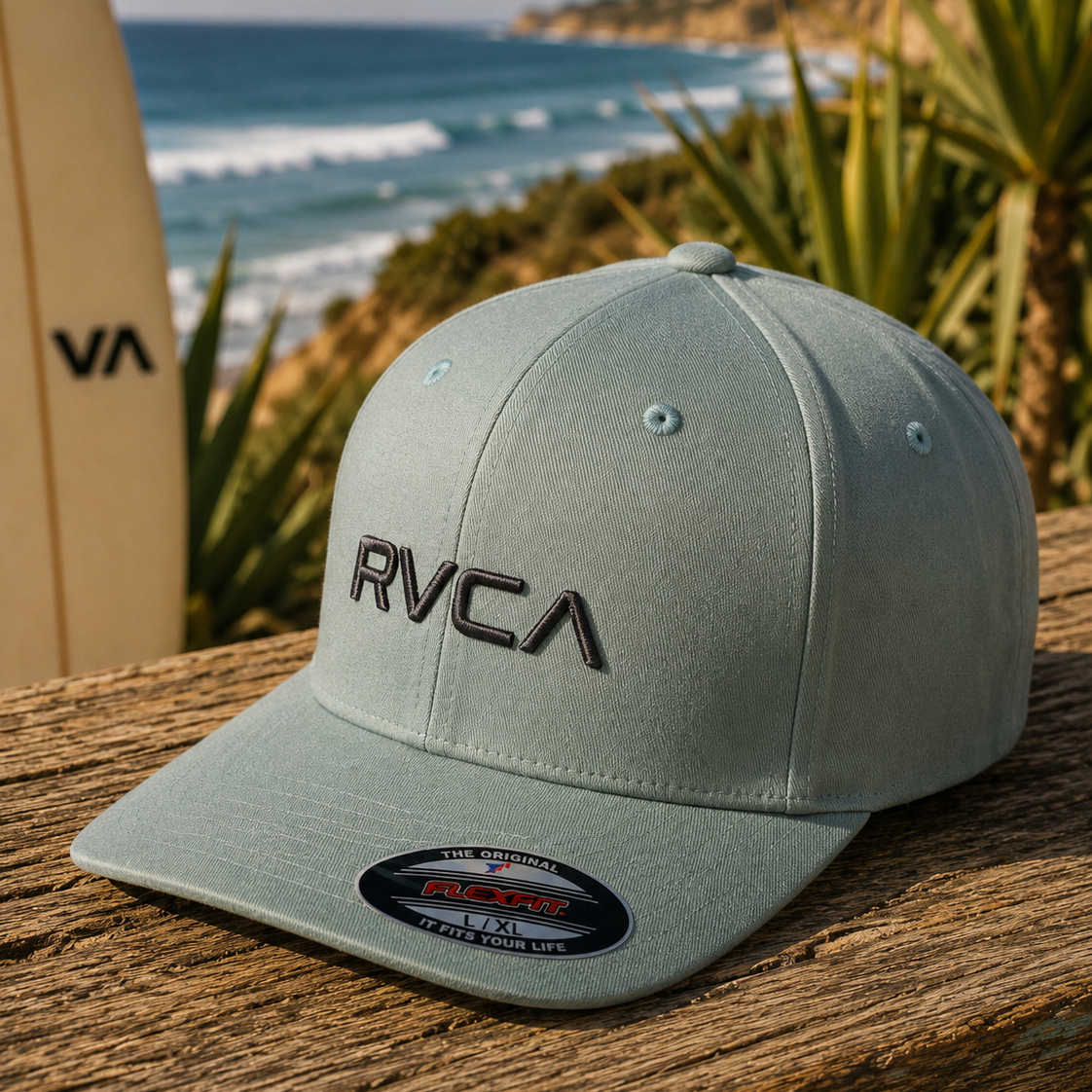 Gorra RVCA Flex Fit verde claro para hombre en escena coastal frente al mar