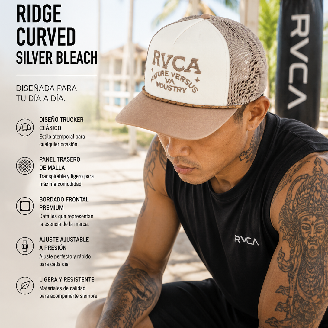 Gorra RVCA Ridge Curved Silver Bleach estilo combat surf lifestyle premium