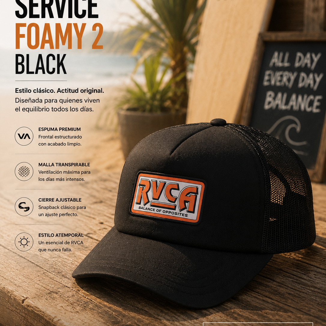 Gorra RVCA Service Foamy 2 Black estilo surf trucker premium en beach club